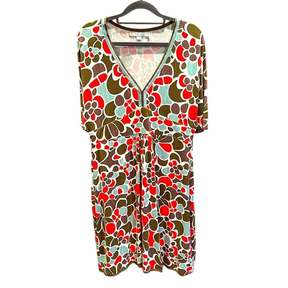 Boden Retro Floral V-Neck Empire‎ Waist Jersey Dress Multi-Color Size 12